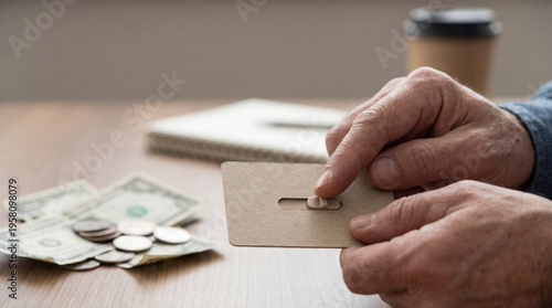 Money Cardboard credit card money payment concept with hands holding eco friendly plastic alternative card and cash on table