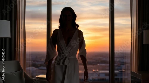 Woman silhouette in front of window with cityscape during sunset
