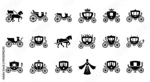 Assortment of royal carriage and coach icons with horses and figures. Vector set of ornate transport vehicles for historical, ceremonial, and fantasy themes.