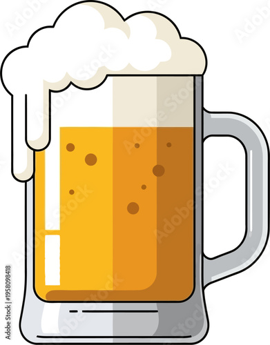 A cartoon illustration of a glass mug filled with golden beer and a frothy white head.