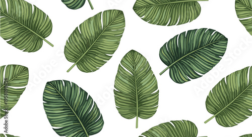 Seamless pattern with large green banana leaves and tropical palm foliage vector illustration for summer textile beach decor and vibrant botanical wallpaper background.