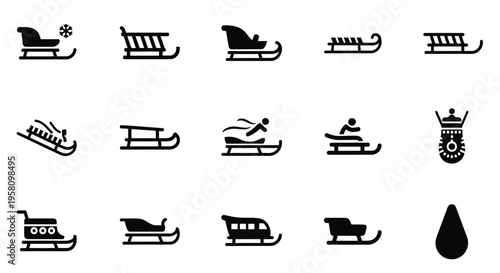 Set of sled and bobsleigh icons representing winter sports and activities. Vector symbols for snow sliding, racing, and festive holiday fun.