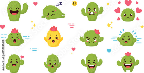 Cute cactus emotions set with funny facial expressions, happy, sad and angry moods, adorable plant cartoon characters vector illustration collection