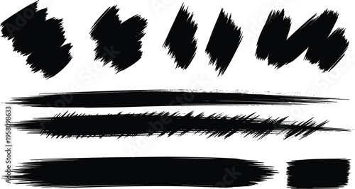 Black ink paint brush strokes collection featuring hand drawn grunge texture smears and artistic charcoal line splatters vector illustration for creative graphic design elements.