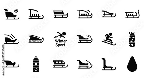 Set of winter sport and sled icons, including various sled designs, a swimmer in winter sport context, and abstract elements like a snowflake and a teardrop shape for cold weather activities