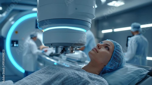 A calm patient lying on a radiation therapy machine table in a modern oncology center, medical staff carefully positioning equipment, advanced linear accelerator in background