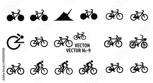 Bicycle and cycling person silhouette icon set representing various bike types mountain bikes city bicycles and racing cyclists in different poses for transport and fitness tracking design projects