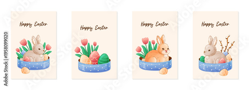 Happy Easter simple greeting cards collection. Cute Easter bunny with colored eggs and tulips. Textured vector illustration. Watercolor effect.