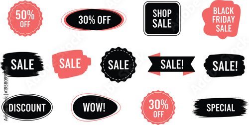 Collection of retail sale tags and discount labels featuring hand drawn brush strokes ink textures black and pink ribbons for black friday promotions.