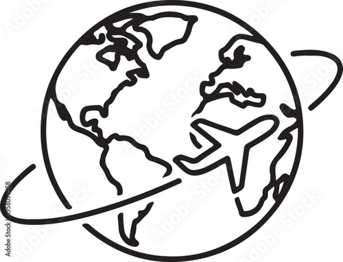 Minimal line icon of a world globe with an airplane circling, representing global travel and international journeys