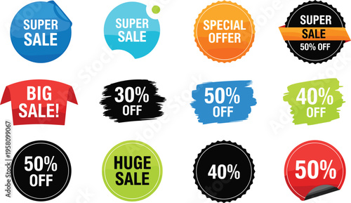 Colorful retail sale badge collection featuring super sale big offer and percentage discount stickers with vibrant blue red green and yellow vector promotion elements.
