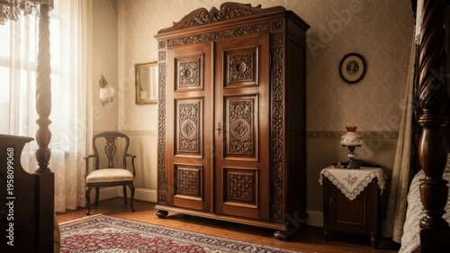 Wooden wardrobe and bedroom interior with antique furniture