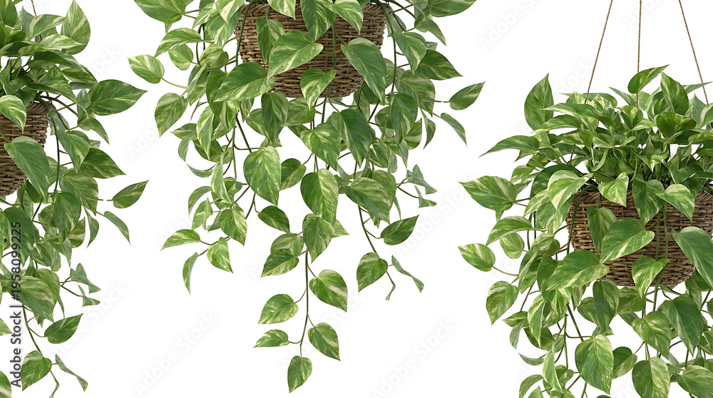 Obraz premium Three hanging baskets filled with lush green and white variegated Pothos plants cascading downwards.