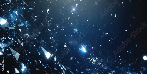 Abstract dark blue space background with glowing shattered glass and stars
