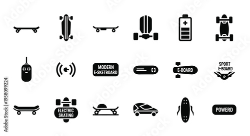Collection of electric skateboard and e-board icons. Includes various skateboard designs, batteries, remote controls and text labels representing modern personal electric transportation devices.
