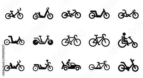 Diverse range of bicycle and electric scooter icons and illustrations. Featuring various bike types like mountain bikes, road bikes, and electric mopeds for urban and recreational travel.