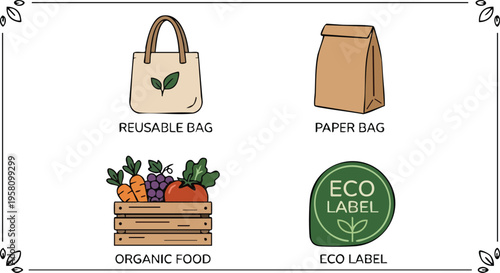 Web Eco Friendly Shopping Icons Set: Reusable Bag, Paper Bag, Organic Food Crate, and Eco Label Vector Illustration for Sustainable Living