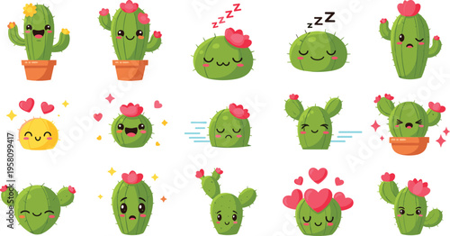 Cute cactus emotions set with funny plant characters, happy, sad and love expressions, adorable cartoon succulents vector illustration collection