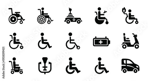 Set of simple vector icons showing various types of wheelchairs and mobility devices including manual, electric models and related symbols isolated on clean white background