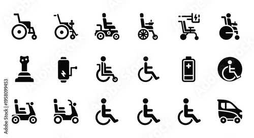 Set of simple vector icons showing various types of wheelchairs and mobility scooters including manual and electric models as well as battery and joystick symbols isolated on white background