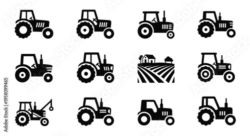 Tractor icon collection for agriculture and farming showing various heavy machinery models field landscape and farm house symbols for rural industry and cultivation equipment design on white vector