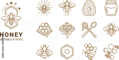Honey bee line icon set featuring honeycomb hive bumblebee jar and dipper stick vector elements for organic farm branding and natural product label design.