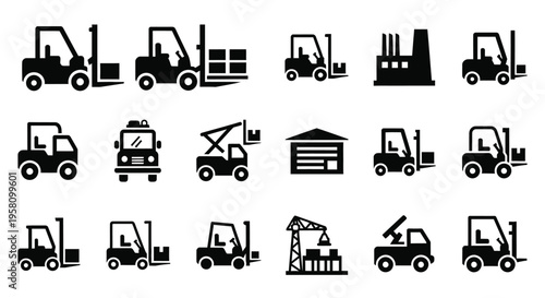 Collection of forklift trucks and industrial vehicles icons, vector illustrations of warehouse equipment and material handling machines for logistics and transport
