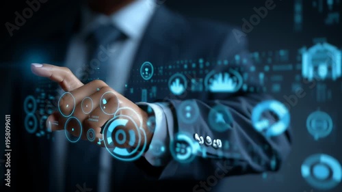 A professional businessman analyzing a digital dashboard filled with AI policy icons, legal risk indicators, and compliance metrics. The interface includes symbols of justice, data protection