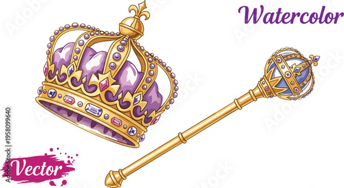 Gold royal crown and scepter with purple velvet and precious gemstones vector illustration in watercolor style for monarchy and luxury kingdom design elements.