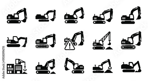 Collection of excavator construction machines and heavy equipment icons isolated on white background, vector illustrations of digging machines and earthmovers for industry