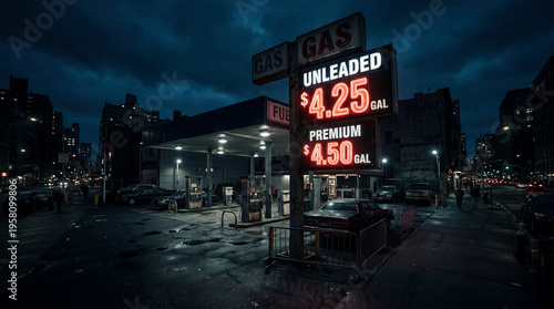 Illuminated gas station sign showing high prices for unleaded and premium fuel at night in a dark city. Concept of energy crisis, oil price hike, inflation, and urban resource scarcity in 2026.
