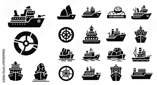 Icebreaker ship vector icons showing various polar vessels and related symbols, including front and side views, for themes of arctic exploration and marine navigation