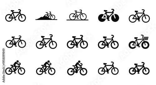Bicycle vector icon set showing various bike types and cyclists, suitable for illustrations related to sport, recreation, fitness, and eco-friendly transportation