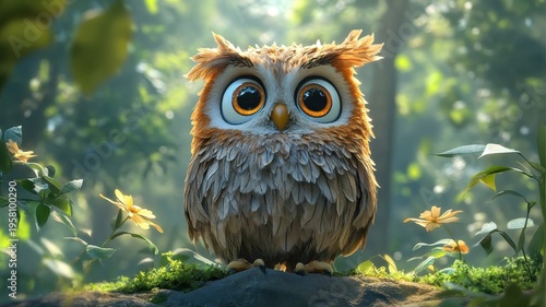 Cartoon art style, an owl with exaggerated features and a playful expression, rendered in bold, bright colors and set in a whimsical, animated scene.