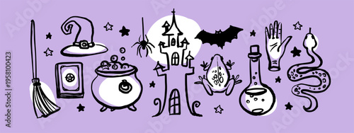 Halloween magic doodle set. Occult symbols, potion tools, creatures. Party invitation, poster, kids decor, sticker pack. Hand drawn crayon vector illustration.