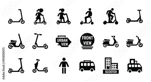 Electric scooter icon set featuring various city transport silhouettes for urban mobility and modern travel solutions including people riding kick scooters and motorcycles in minimal black flat style