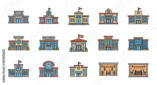 Colorful cartoon school building icons set.