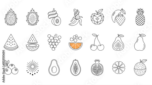 Set of 20 outline fruit vector icons including dragon fruit, kiwi, banana, apple, strawberry, pineapple, watermelon, grapes, orange, cherry, pear, blueberry, avocado