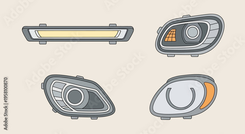 Car headlights in different views.
