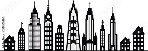 Black and white silhouette city skyline illustration featuring houses, skyscrapers, towers, domes, spires, and diverse urban architectural building forms.