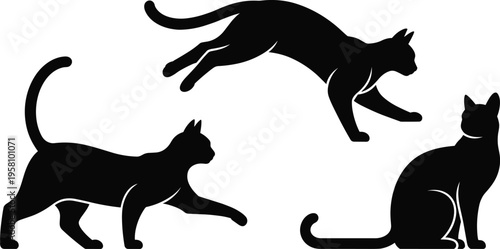 Cat silhouette illustration featuring walking, jumping, and sitting poses, representing feline movement, domestic pet behavior, and elegant animal design concepts.