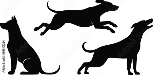 Dog silhouette illustration featuring sitting, jumping, and standing poses, representing canine movement, domestic pet behavior, playful posture, and animal design concepts.Dog silhouette illustration