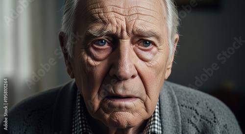 Concerned elderly man looking worried with expressive eyes in a soft indoor setting
