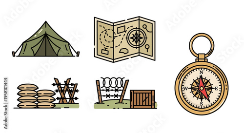 Vintage camping navigation travel icons set.