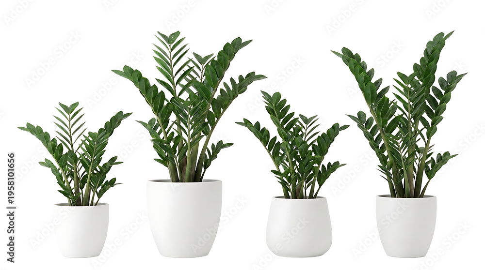 Fototapeta premium Four potted ZZ plants of varying sizes, showcasing their glossy, dark green, oval-shaped leaves and upright growth habit.