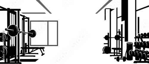 Modern gym interior with weightlifting equipment, barbells, and dumbbells. Minimalist black and white fitness center banner with copy space. Woodcut style urban training facility.