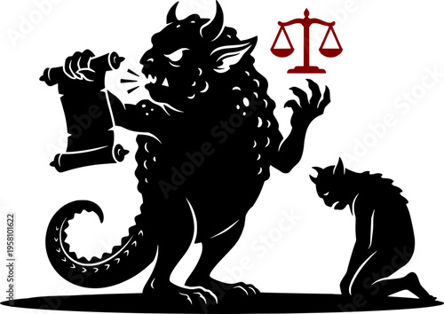 Silhouette of a monster reading a scroll to a kneeling figure with scales of justice icon. Concept of unfair judgment, legal burden, debt, or evil contract. Woodcut style.