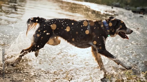 Dog Running Through Water Splashing Freely.