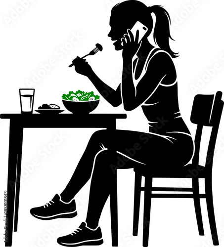 Silhouette of a woman eating a healthy salad and drinking water while talking on a smartphone. Healthy lifestyle, nutrition, and multitasking concept. Woodcut style.
