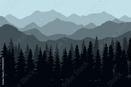 Cold mountains and ridge panorama silhouette background. Morning pine trees landscape illustration.